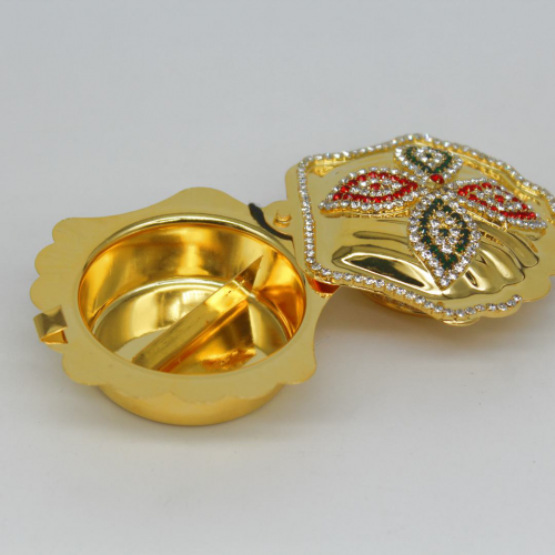 24K Gold Plated Brass Sliding Haldi Kumkum Holder with Diamond Design