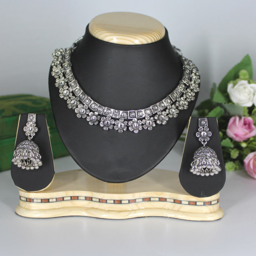Oxidized Silver Necklace Jewellery Set with Flower Design and Ghungru Earrings for Girls and Women