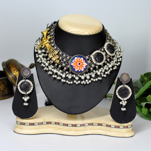 Oxidized Silver Necklace Jewellery Set with Golden Bird, Flower Design and Earrings for Girls and Women