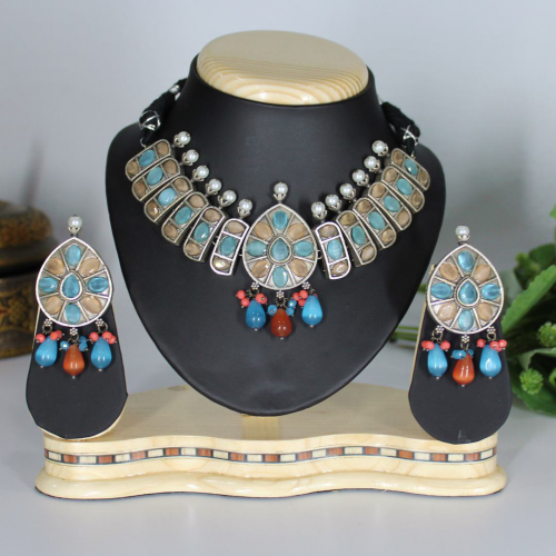 Oxidized Silver Necklace Jewellery Set with Blue and Off White Beads and Earrings for Girls and Women