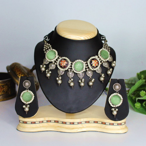 Oxidized Silver Necklace Jewellery Set with Flower Design and Light Green Beads and Earrings for Girls and Women