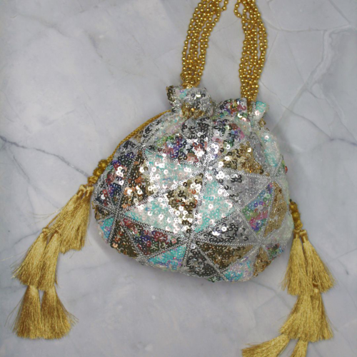 Shiny Net Women's Bag/ Potli with Golden Fringe Tassel