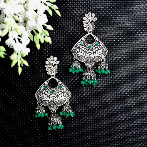 Oxidized Silver Jewellery Drop Earrings with Green Beads, Intricate Design and Jhumka for Women and Girls