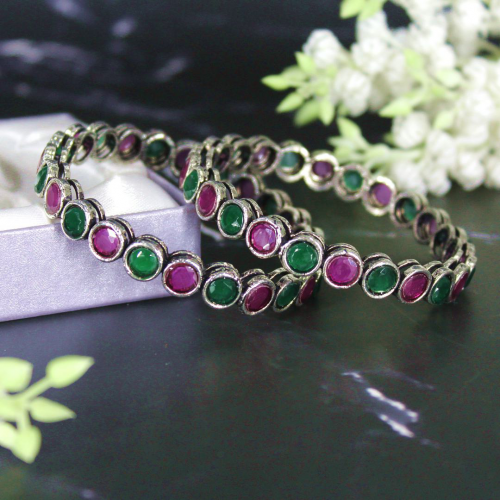 Oxidized Silver Jewellery Bangle Set with Green and Pink Kundan Stone for Girls and Women