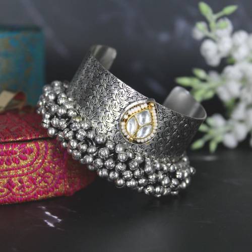 Oxidized Silver Ghungroo Cuff Bracelet Traditional Kada Bangle with Drop Gold and Moti Design in the Middle For Women and Girls