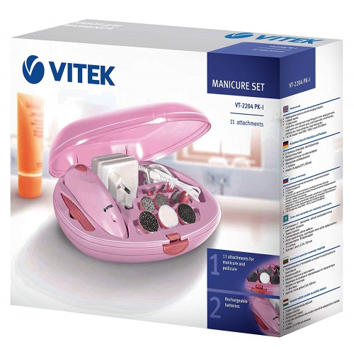 Vitek Electric Rechargeable Cordless Automatic Manicure Set (Pink) 11 Attachments With 2 Small Manicure Discs - Battery Operated