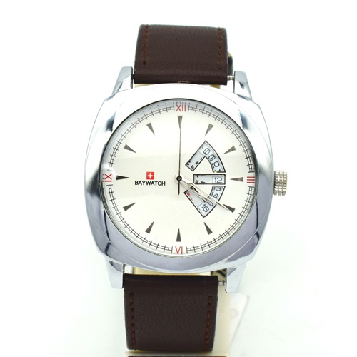 White Dial Brown Leather Strap Day and Date Collection Watches for Men