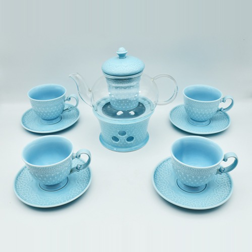 Ceramic Tea Set | Blue | Cup & Saucer Set of 5 Piece, for 4 People