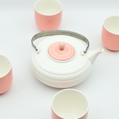Ceramic Tea Set  | Pink| Tea and Coffee Cup and Saucer with Kettle, Set of 5 Pieces