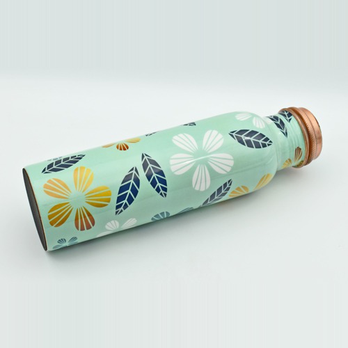 Copper Designer Green Colour With Flower Design Copper Water Bottle with Advanced Leak Proof Protection