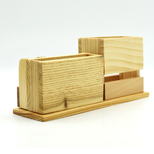 Wooden Desk Organiser Pen Stand, Mobile Phone Holder with 4 Compartments for Home and Office  |