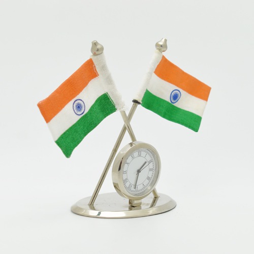 Metal Tabel Watch with Indian Flags | Indian National Flag with Desk Clock For Car Dashboard, Study Table, Office Table Comes With Metal Stand