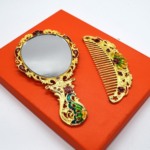 Beautiful Yellow And Green Butterfly Design Handicraft Metal Hand Mirror and Comb for Girls And Women's | Antique Work Beautiful Comb and Mirror Set for Women and Girls