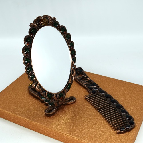 Metal Hand Mirror and Comb for Women, Girls | Makeup and Hair Styling Travel Mirror | Antique Work Multicolour Beautiful Comb and Mirror Set for Women and Girls