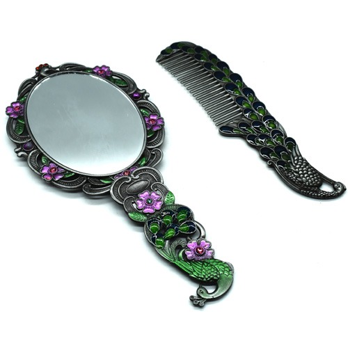 Beautiful Purple And Green Peacock Design Handicraft Metal Hand Mirror and Comb for Girls And Women's | Antique Work Beautiful Comb and Mirror Set for Women and Girls
