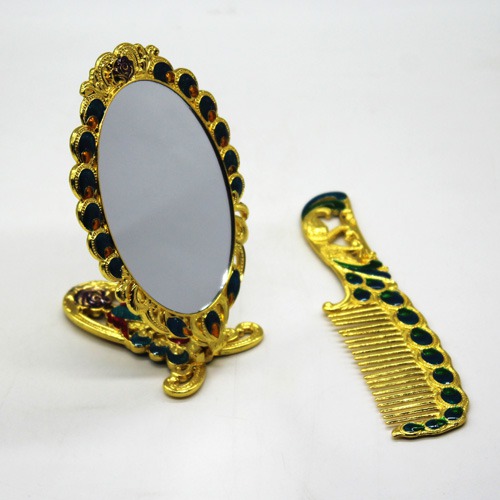 Beautiful Yellow Colour  Handicraft Metal Hand Mirror and Comb for Girls And Women's | Antique Work Beautiful Comb and Mirror Set for Women and Girls