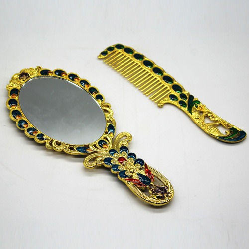 Beautiful Yellow Colour  Handicraft Metal Hand Mirror and Comb for Girls And Women's | Antique Work Beautiful Comb and Mirror Set for Women and Girls