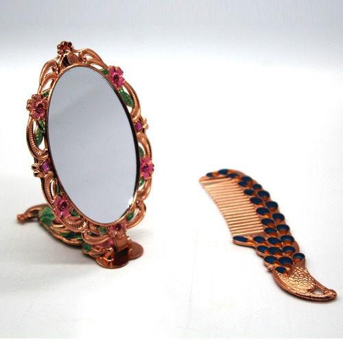 Beautiful Pink With Green Colour Peacock Handicraft Metal Hand Mirror and Comb for Girls And Women's | Antique Work Beautiful Comb and Mirror Set