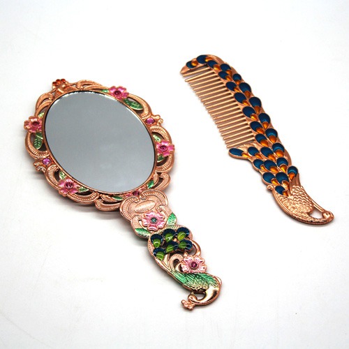 Beautiful Pink With Green Colour Peacock Handicraft Metal Hand Mirror and Comb for Girls And Women's | Antique Work Beautiful Comb and Mirror Set