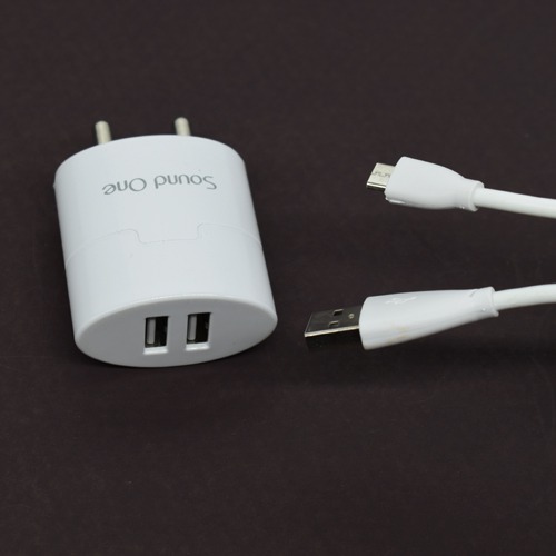 Sound One Dual USB Charger + Cable | Dual USB Fast Charging Wall Charger/Travel Adapter with 1m Micro USB Charging Cable (White)