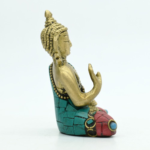 Buddha Statue Blessing Brass with Multicolor Stone Handwork Home Decor Entrance Office Table Living Room Meditation Luck Gift Feng Shui 3 Inch Idol