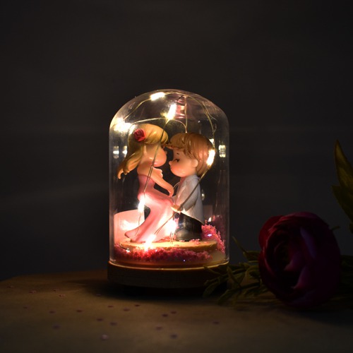 Couple Glass Dome With Wooden Base| LED Lights