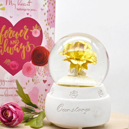 Beauty and The Beast Eternal Enchanted Rose Flower in a Glass dome with Golden LED Lightings and music