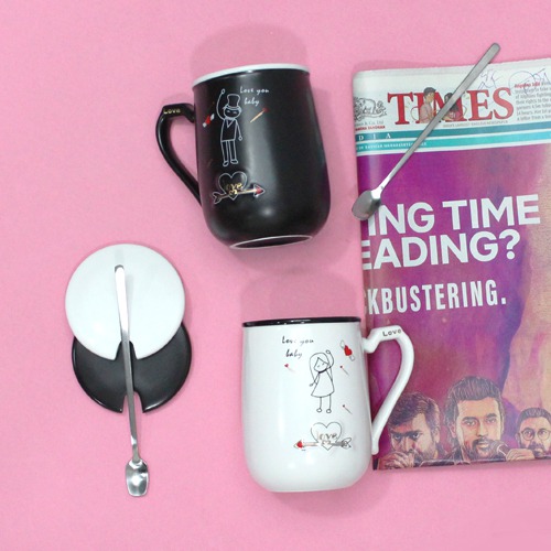 Ceramic Couple Coffee Mug Set With Lid and Spoon