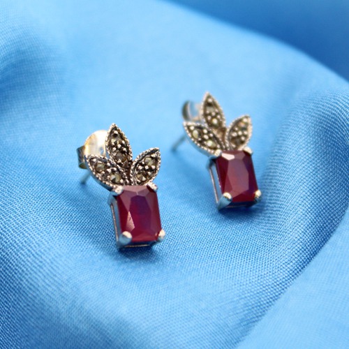 Tri-Leaf Studs Silver Ruby Earrings | Earrings | Gift For Earrings