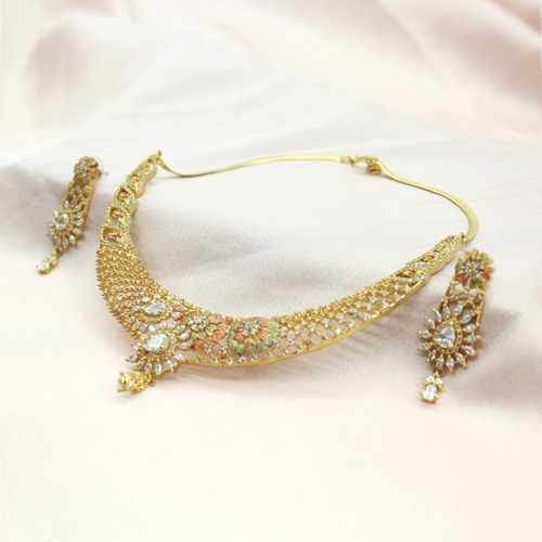 Sparkling Diamond Gold Plated Wedding Jewellery Set With Earrings