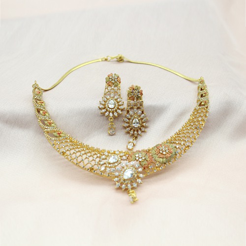 Sparkling Diamond Gold Plated Wedding Jewellery Set With Earrings