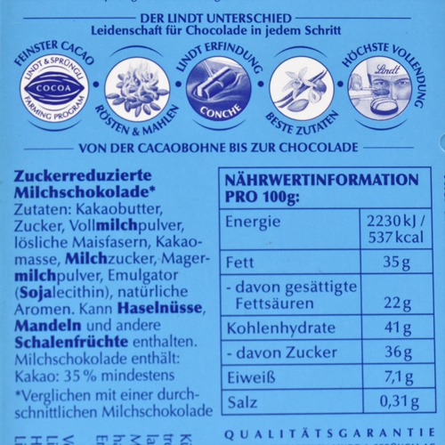 Lindt Vollmilch Ohne Zuckerzusatz (Whole Milk Without Added Sugar) Gluten-Free Chocolate Bar -100 g