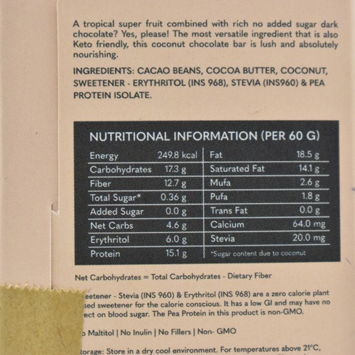 Toasted Coconut Vegan Dark Chocolate - Zero Sugar Added-Stevia Sweetened- High Protein