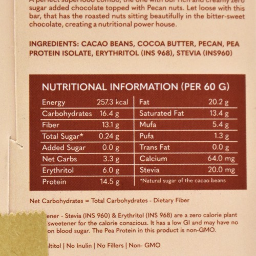 Pecan Nut Roasted Vegan Dark Chocolate - Zero Sugar Added - Stevia Sweetened - High Protein