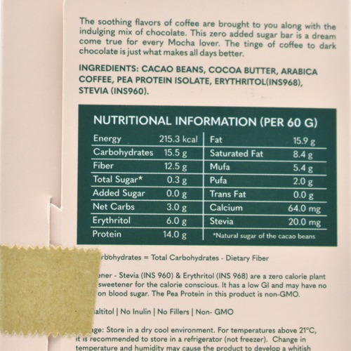 Arabica Coffee Vegan Dark Chocolate - Zero Sugar Added - Stevia Sweetened - High Protein