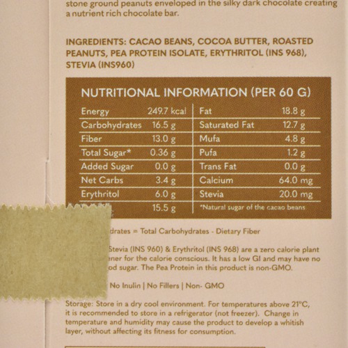 Roasted Peanut Vegan Dark Chocolate - Zero Sugar Added - Stevia Sweetened - High Protein