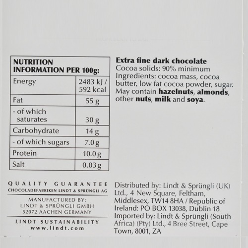 Lindt Excellence Dark 90% Cocoa Chocolate Bar 100g