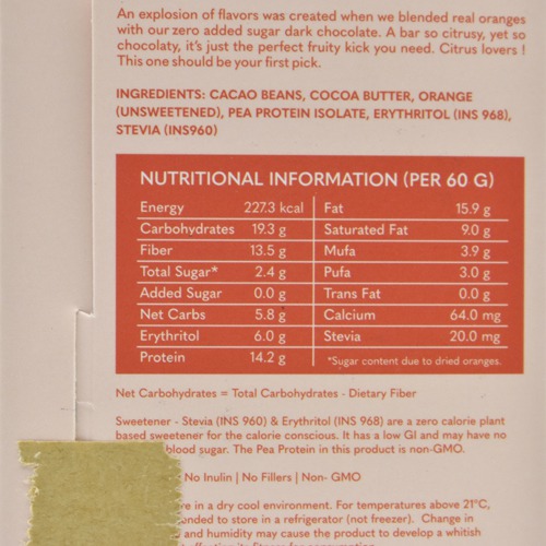 Citrus Orange Vegan Dark Chocolate - Zero Sugar Added - Stevia Sweetened - High Protein