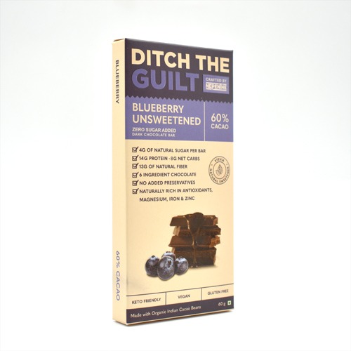 Blueberry (Unsweetened) Vegan Dark Chocolate - Zero Sugar Added - Stevia Sweetened - High Protein