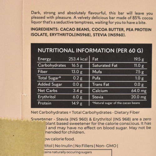 85% Cacao Vegan Dark Chocolate - Zero Sugar Added - Stevia Sweetened - High Protein