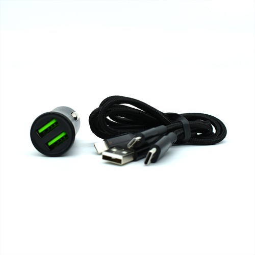 Dual USB Car Charger Adapter Socket with Micro USB Charging Cable - Black
