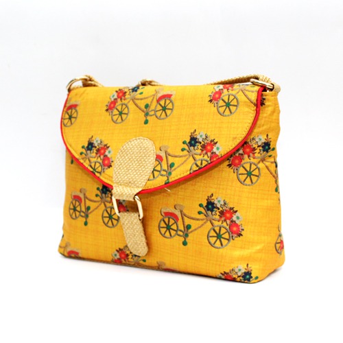 Yellow Colour Cycle Print Sling Bag | Leather Handmade Women's Handbags Sling Strap