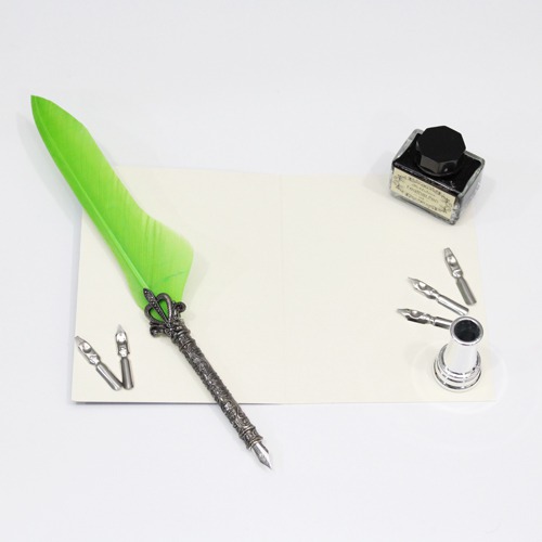 Feather Dip Pen Set( Green)  | Antique Calligraphy Writing Dip Pen with Ink | Replacement Nibs, Pen Stand Base, Luxury Signature Pen
