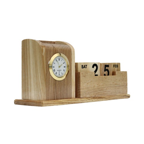 Wooden Pen Stan with clock| Desk organiser with Month, Date Calendar |  Desk Pencil Holder Stand Pen Display Stationery Organiser