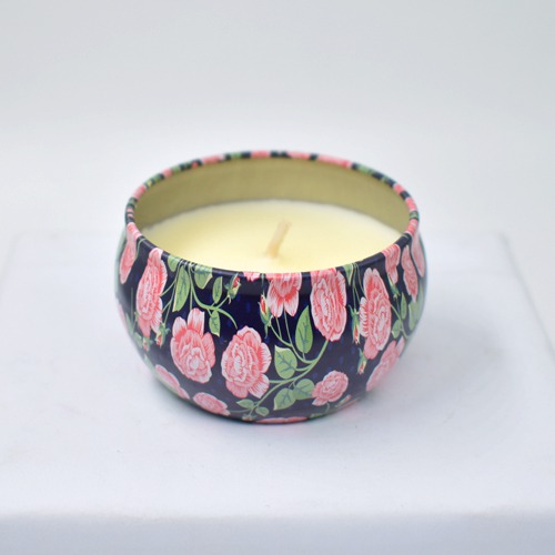 Pink Flower Design Scented Candle Metallic Box With Wax | Wax Tin Jar Candles