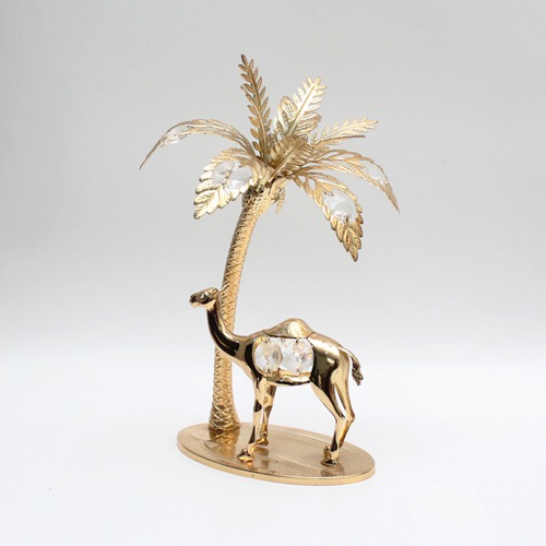 Palm Tree Figurine With Camel Gold Plated Metal Crystal Art