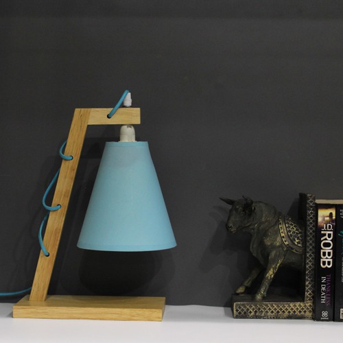 Attractive Sky Blue Fabric Shade With Wooden Stand Table Lamp For home & Office Decor
