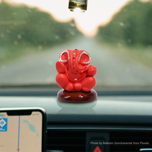 Red Diamond Studs Ganesh Statue For Car Dashboard