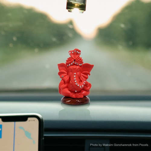 Red Lord Ganesha Pagdi Ganesha Statue For Car Dashboard