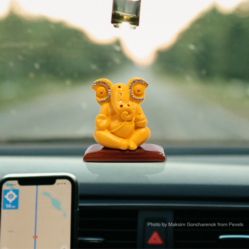 Yellow Colour Diamond Studs Ganesha Statue For Car Dashboard